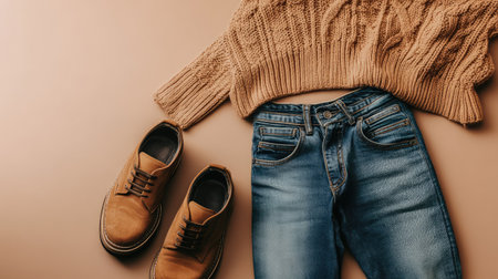 A casual outfit including jeans, a sweater, and shoes arranged neatly on a clean background with clear space for copy.の素材
