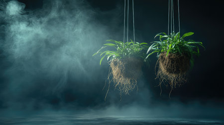 Aeroponic system spraying mist onto plant roots suspended in air chamber, modern technology setup with dark copy spaceの素材