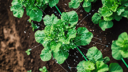 An aerial view of a farm with embedded sensors tracking plant health and soil moisture, clear space for copy in the skyの素材