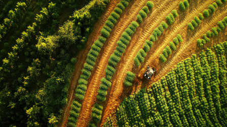 An aerial view of a drone flying over a farm with healthy crops, collecting data for precision agriculture with plenty of space for copyの素材