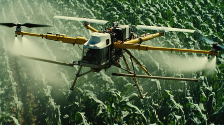A close-up view of a drone spraying liquid fertilizers over crops, showcasing precision farming techniques, clean background for copyの素材
