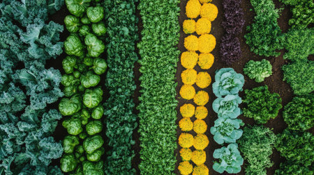 Aerial view of a diversified agroecological farm with rows of vegetables, cover crops, and natural habitat areas, all with wide sky and clear space for copyの素材