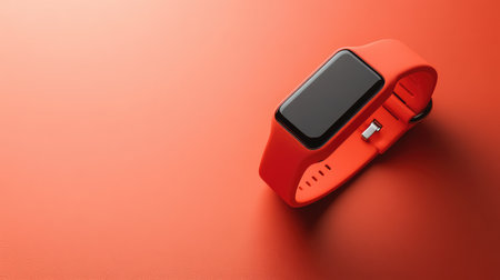 A close-up of a sleek fitness tracker on a solid color background, leaving plenty of space for text or logos.の素材