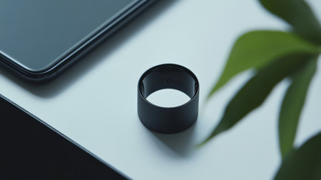A close-up of a smart ring placed next to a phone, with a clean and minimal background for copy spaceの素材