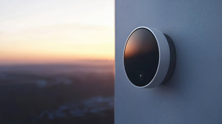 A close-up shot of a smart security camera on a smooth wall with ample space surrounding it for text or promotional content.の素材