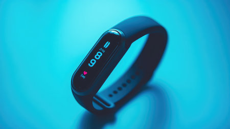 A close-up of a fitness tracker on a smooth, light-colored surface, leaving space for promotional material.の素材