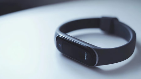 A close-up of a sleek fitness tracker on a minimalist white surface, with plenty of space around it for promotional material or text.の素材