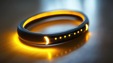 A fitness tracker on a clean surface with soft lighting highlighting its features, leaving room for branding or copy.の素材