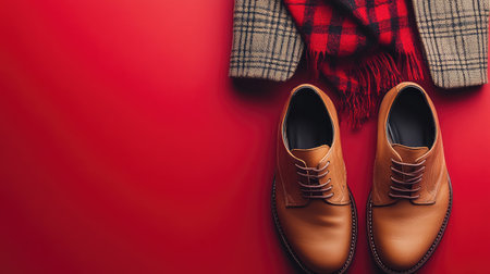 A fashion flat lay featuring a trendy pair of shoes, a jacket, and a scarf, with a clean background offering space for copy or logos.の素材