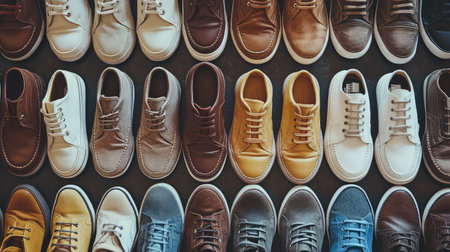 A collection of casual shoes including sneakers and loafers arranged neatly on a flat surface, with space for copy or branding.の素材