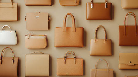A collection of various handbags, including totes and clutches, arranged neatly on a neutral-colored surface, offering room for logos.の素材