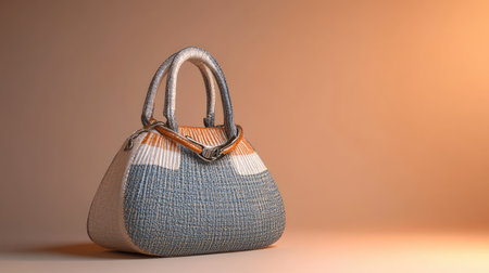 A designer handbag with a unique shape, placed on a neutral background with clear space for copy or branding.の素材