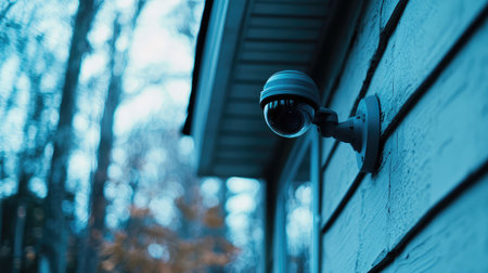 A close-up shot of a security camera mounted on a house with a blurred background, allowing room for branding.の素材