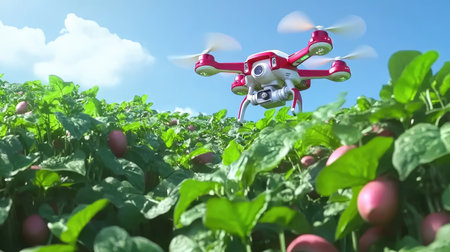 A drone flying over a potato field, taking aerial images to monitor plant health and growth, open sky with ample room for textの素材