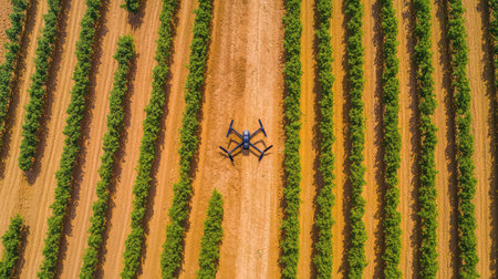 A drone spraying organic pesticides over rows of crops in a farm, ensuring efficient and targeted application with plenty of space for copyの素材