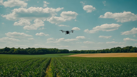 A drone flying over a farm with an array of sensors mounted, tracking crop health and environmental conditions, room for copy in the skyの素材