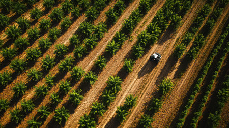 A drone navigating through a large agricultural field, delivering aerial solutions for crop management, providing ample room for copyの素材