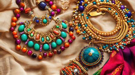 A collection of colorful accessories, including a necklace, earrings, and bracelet, arranged on a soft background with space for copy.の素材