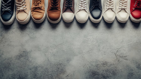 A collection of trendy shoes including boots, sneakers, and flats, arranged neatly on a clean surface, with space for text or branding.の素材
