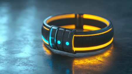 A fitness tracker on a clean surface with soft lighting highlighting its features, leaving room for branding or copy.の素材