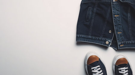 A flat lay of stylish denim, a jacket, and shoes placed on a smooth white surface, providing space for promotional material.の素材