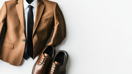 A formal jacket and dress shoes placed neatly on a white background, providing ample room for branding or logos.の素材