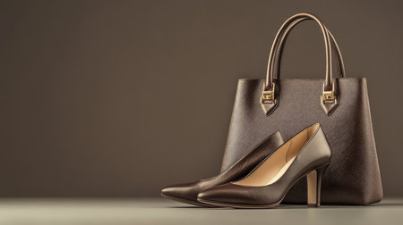 A high-end handbag and a pair of shoes displayed elegantly on a neutral background with clear space around them for logos or promotional material.の素材