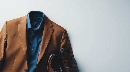 A formal jacket and dress shoes placed neatly on a white background, providing ample room for branding or logos.の素材