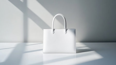 A minimalist handbag placed elegantly on a clean surface with space around it for logos or promotional material.の素材