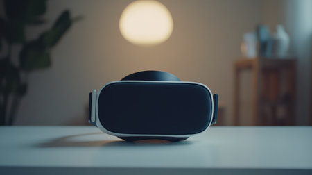 A modern VR headset on a clean desk with soft lighting, creating space for copy or promotional content in the background.の素材