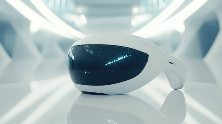 A futuristic VR headset sitting on a minimalist white surface, with ample background space for promotional content.の素材