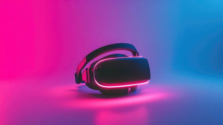 A high-tech virtual reality headset on a clean white background, glowing lightly, with plenty of room for promotional material.の素材