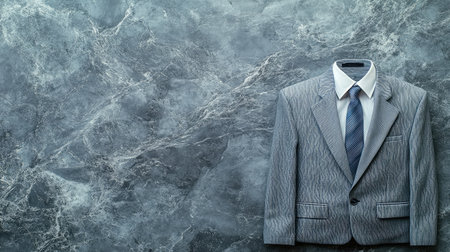 A neatly arranged set of business attire, including a jacket and tie, on a smooth surface with room for branding or promotional text.の素材