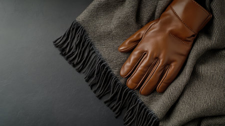 A pair of stylish leather gloves and a cashmere scarf placed neatly on a flat surface, offering space for branding or logos.の素材