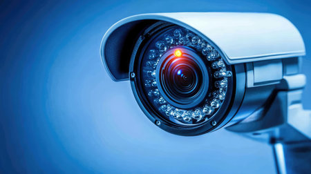 A high-tech security camera mounted on a wall, backlit with soft lighting, creating space for promotional material in the background.の素材