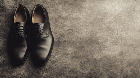 A pair of elegant dress shoes placed on a textured background, with ample space for copy or branding.の素材