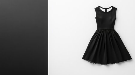 A simple yet elegant black dress laid flat on a clean background, surrounded by space for logos or text.の素材
