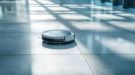 A robot vacuum cleaner on a pristine tile floor, leaving ample room around it for text or promotional content.の素材