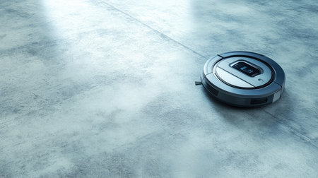 A modern robot vacuum cleaner resting on a clean floor with ample background space for branding or text.の素材
