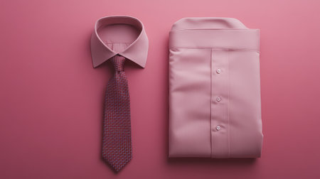 A neatly folded dress shirt with a crisp collar and a tie arranged on a smooth background, leaving space for branding or copy.の素材