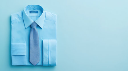 A neatly folded set of business attire, including a shirt, trousers, and a tie, set against a solid background with space for logos.の素材