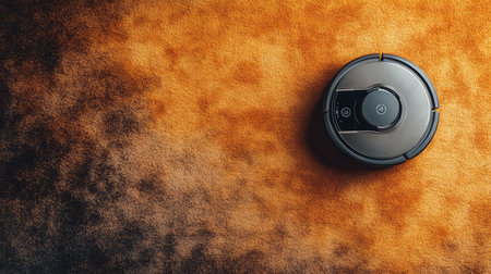 A robot vacuum cleaner on a soft carpet, surrounded by enough space for copy or logos.の素材