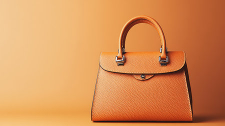 A small, compact handbag arranged on a soft-colored surface, with plenty of room around it for promotional material or branding.の素材