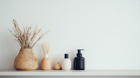 A sleek smart home security camera placed on a shelf, with a clean white background and space for copyの素材