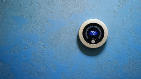 A sleek smart thermostat mounted on a wall, surrounded by clean space perfect for branding or copyの素材