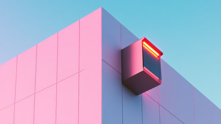 A smart security camera installed on a white exterior wall with glowing edges and enough background space for branding.の素材