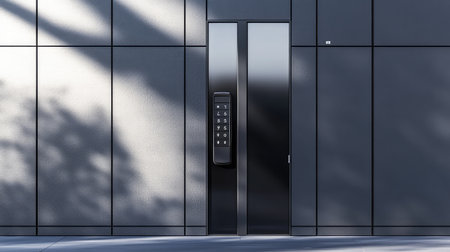 A smart lock system on a door, showing the digital keypad and surrounded by empty space for text or logos.の素材
