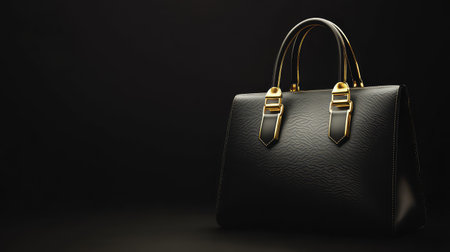 A structured handbag with gold accents, placed on a smooth backdrop, offering plenty of space for branding or advertising material.の素材