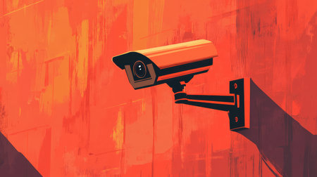 A smart security camera mounted on an exterior wall, surrounded by ample space for copy or promotional material.の素材