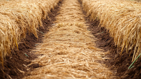 Biodegradable mulch lining vegetable rows, conserving water and reducing plastic use, sustainable setup with copy spaceの素材